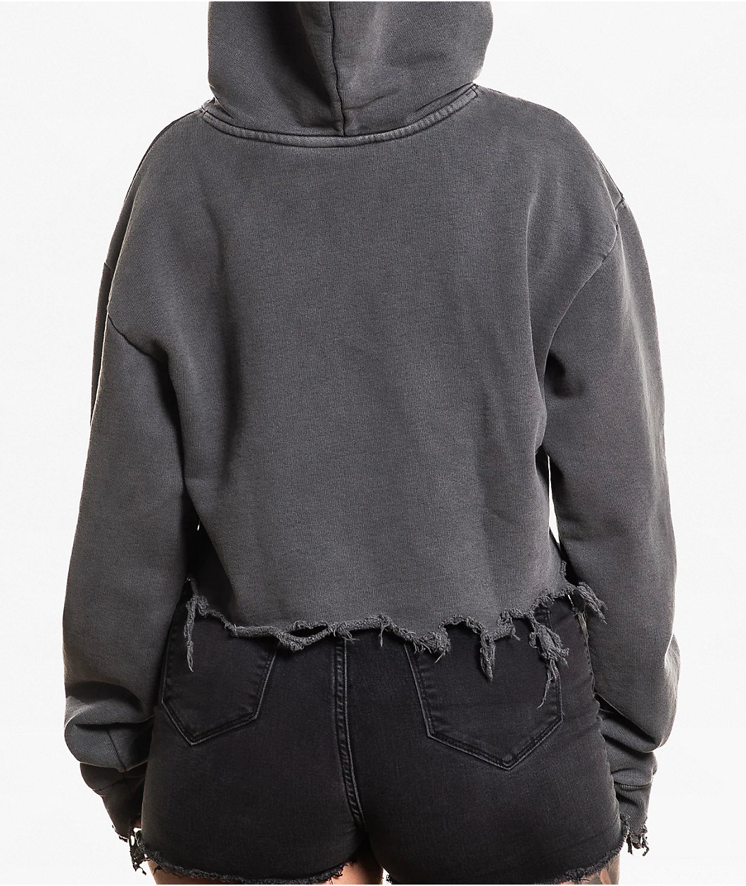 Affliction Angels Distressed Grey Wash Boxy Crop Hoodie