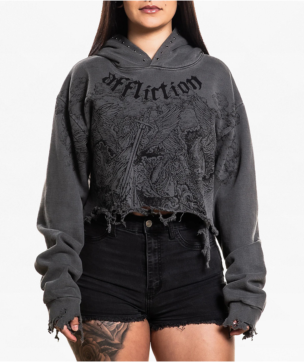 Affliction Angels Distressed Grey Wash Boxy Crop Hoodie