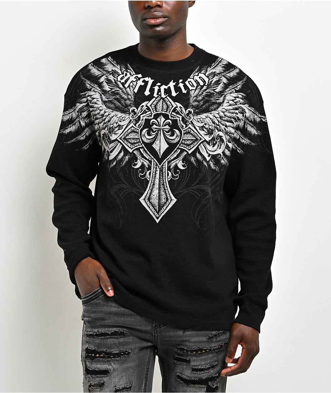 Affliction Ayala Black Thermal Long Sleeve T-Shirt