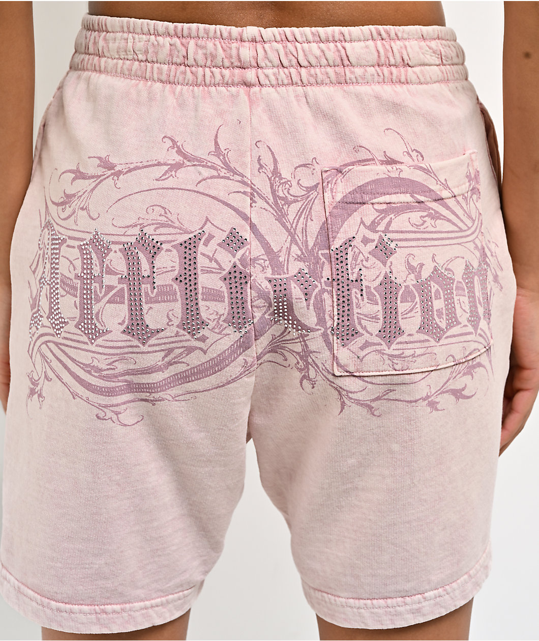 Affliction Ayala Peach Pink Rhinestone Sweat Shorts