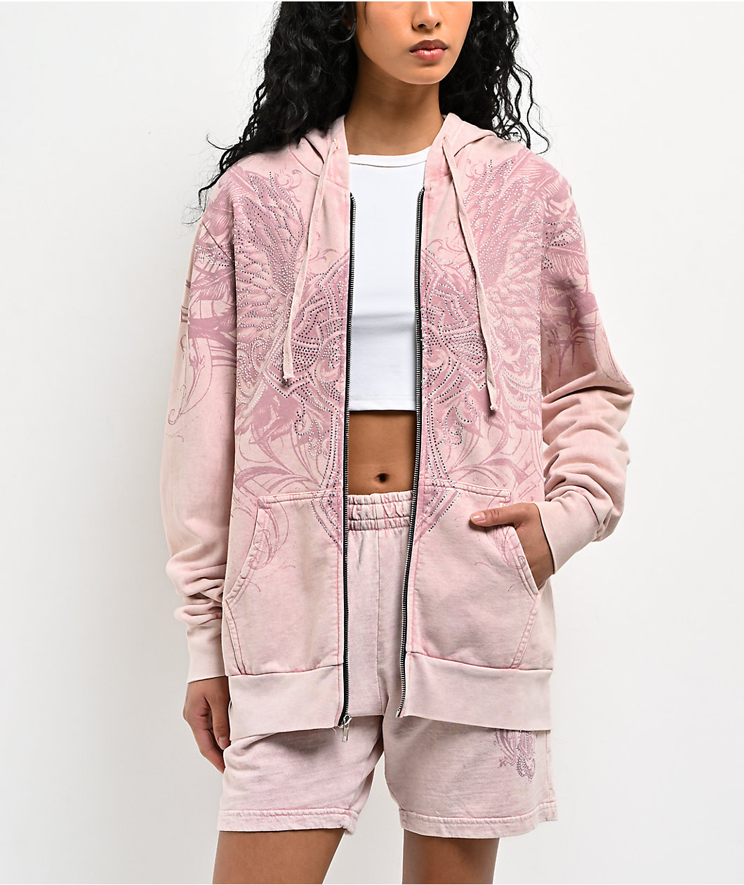Affliction Ayala Rhinestone Pink Wash Zip Hoodie