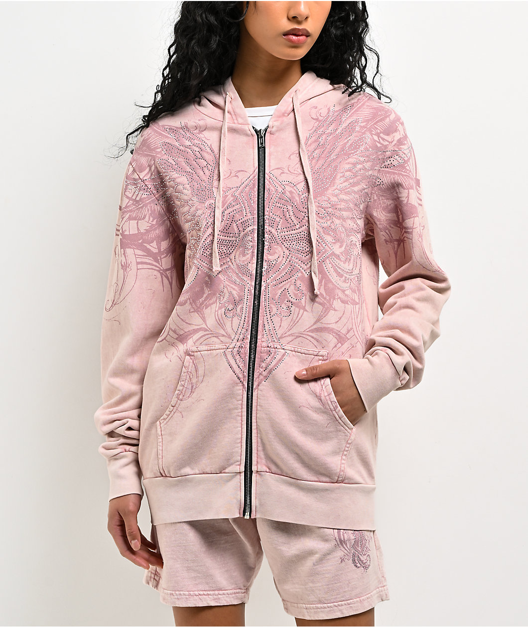 Affliction Ayala Rhinestone Pink Wash Zip Hoodie