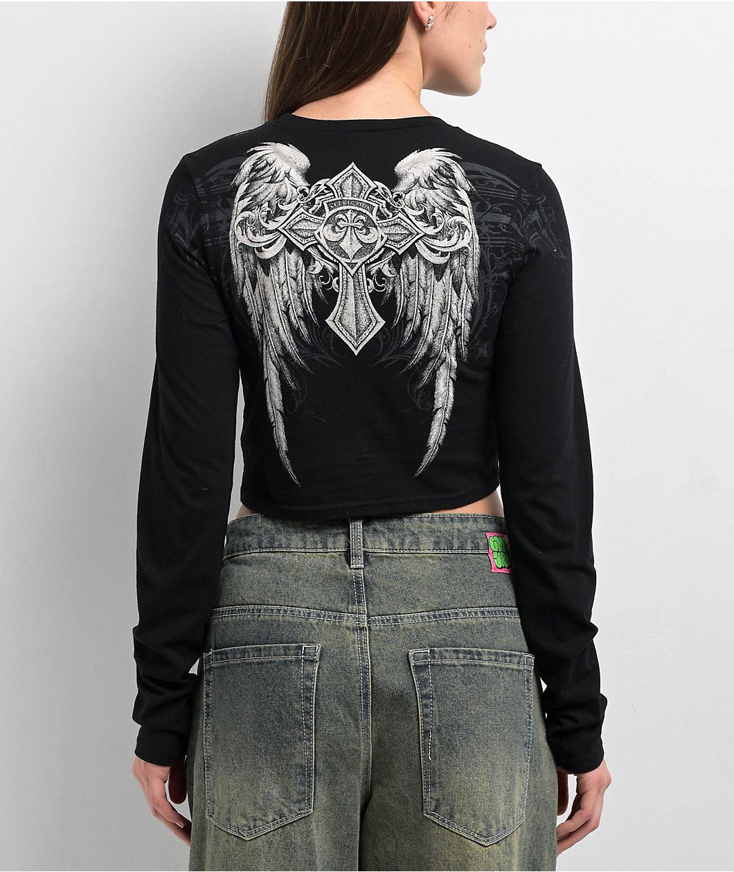 Affliction Ayala Skull Black Long Sleeve Crop T-Shirt