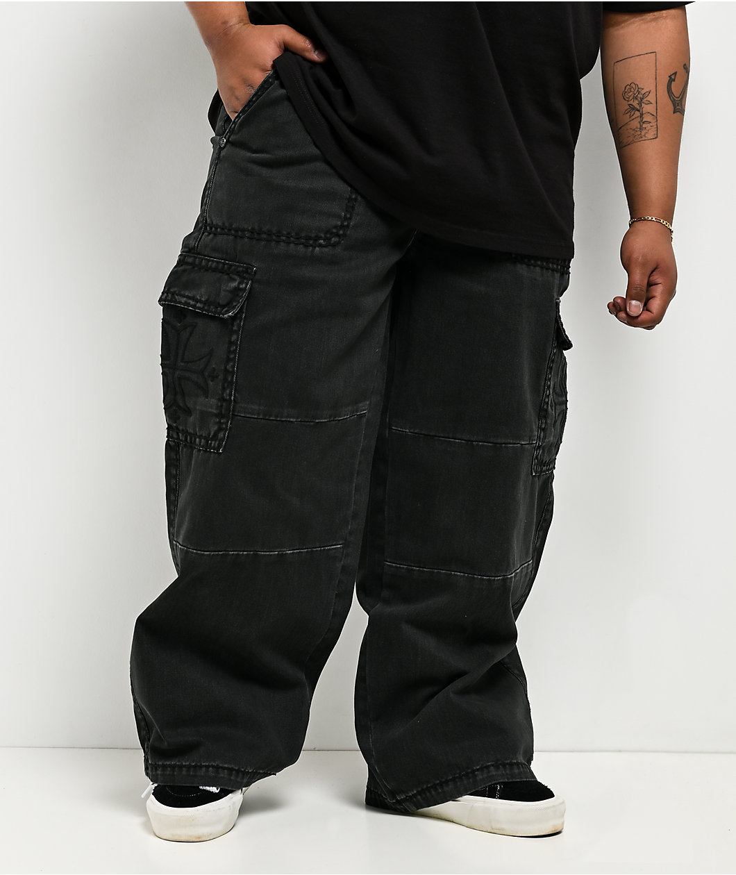 Affliction Black Wash Ultra Wide Leg Cargo Jeans