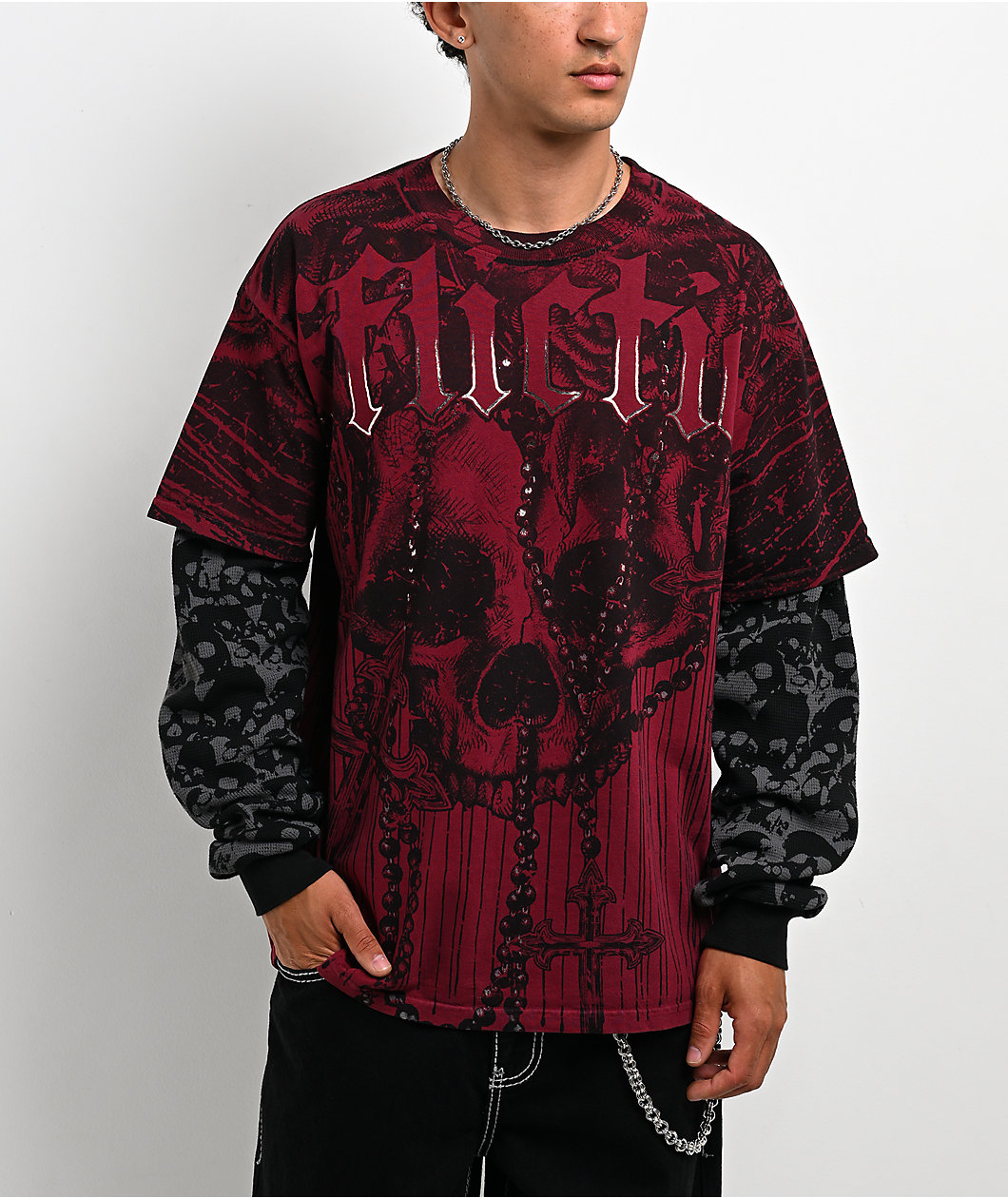Affliction Chemical Rain Red & Grey 2fer Long Sleeve T-Shirt
