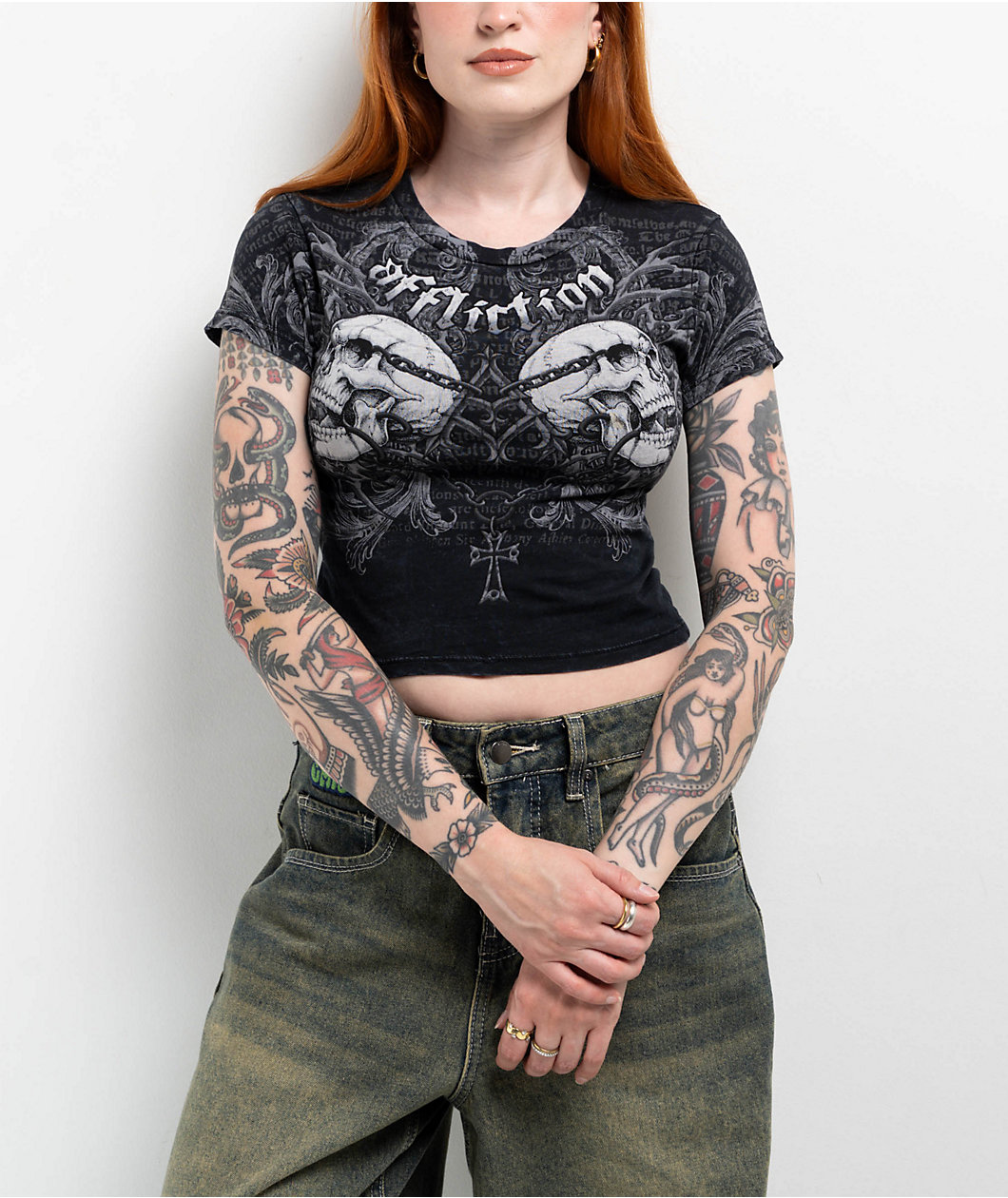 Affliction Collapse Black Lava Wash Crop T-Shirt