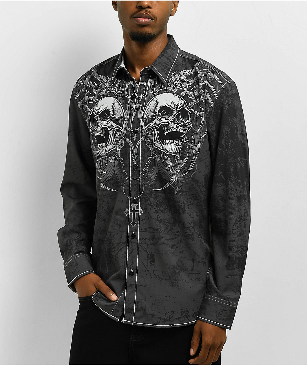 Affliction Collapse Grey Long Sleeve Button Up Shirt