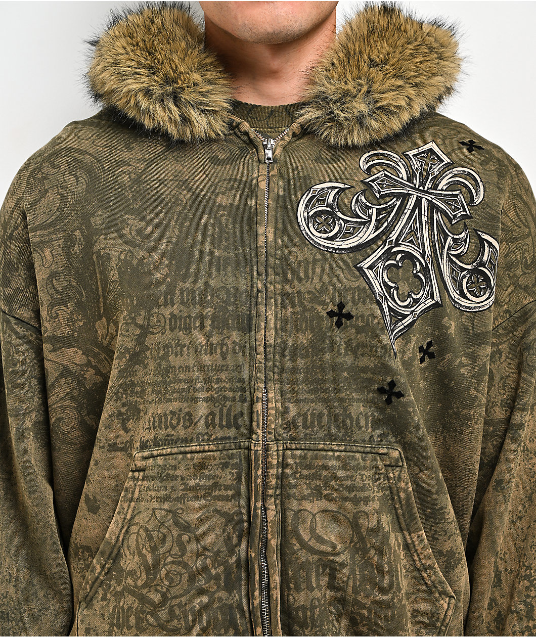 Affliction Courage Faux Fur Green Zip Hoodie