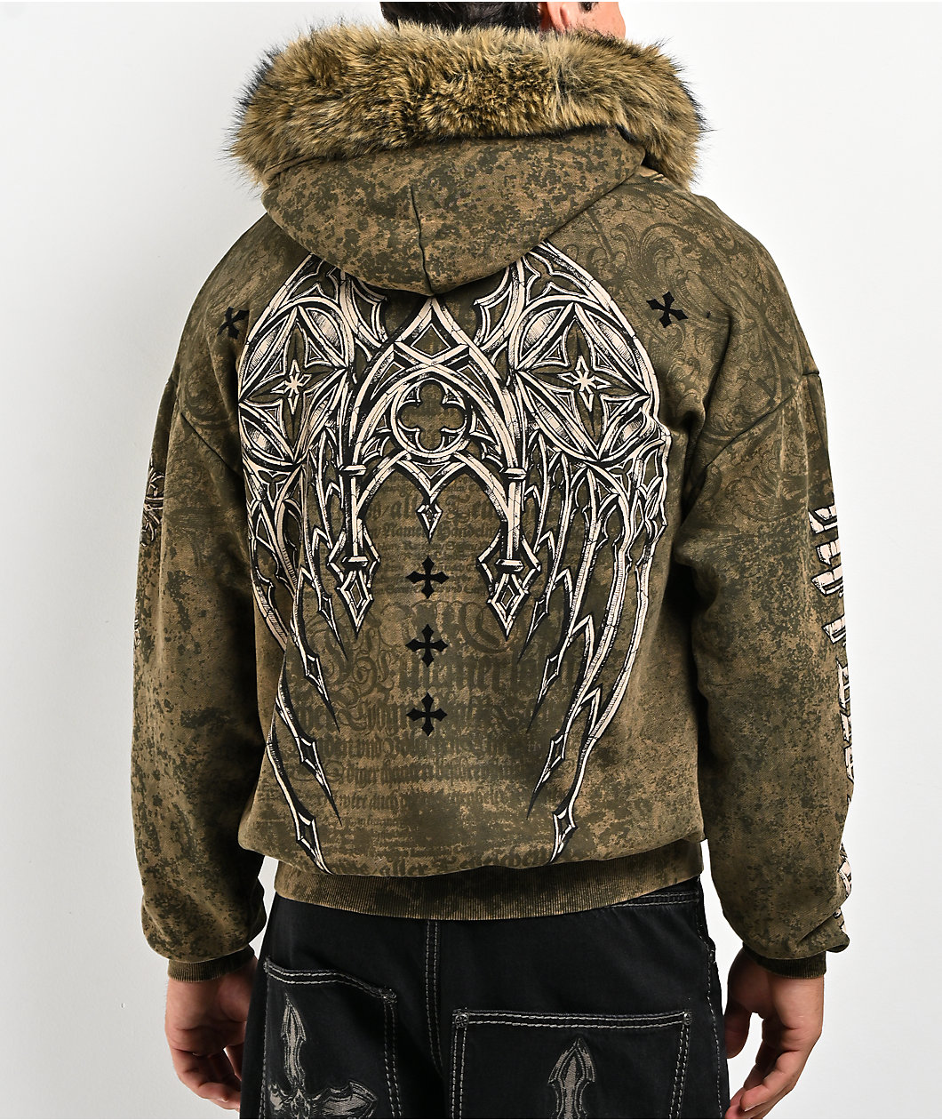 Affliction Courage Faux Fur Green Zip Hoodie