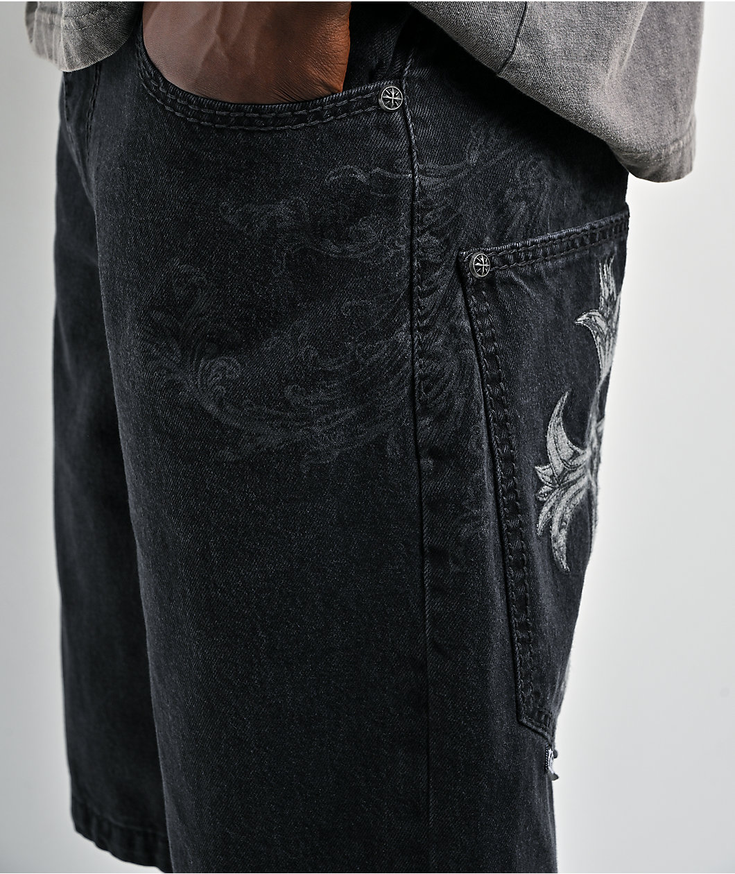 Affliction Creed Black Wash Wide Leg Denim Shorts