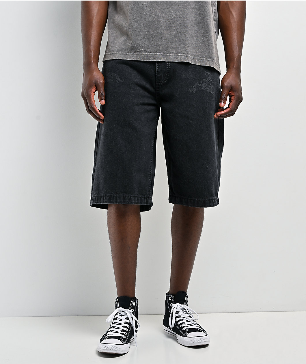 Affliction Creed Black Wash Wide Leg Denim Shorts