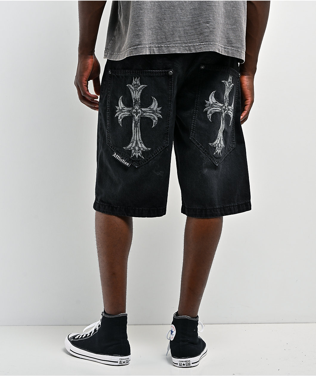 Affliction Creed Black Wash Wide Leg Denim Shorts