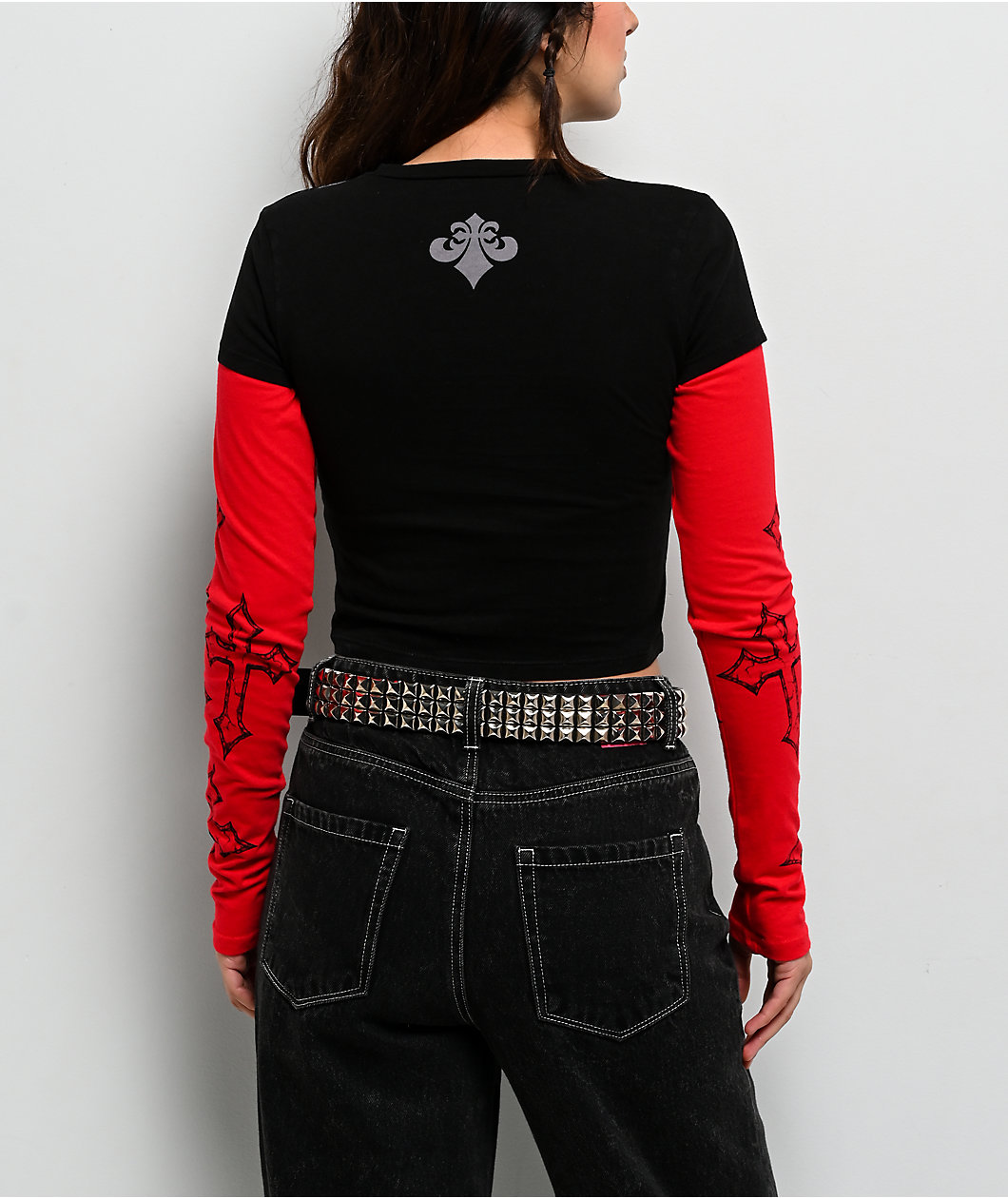 Affliction Criss Cross Black & Red 2fer Long Sleeve Crop T-Shirt