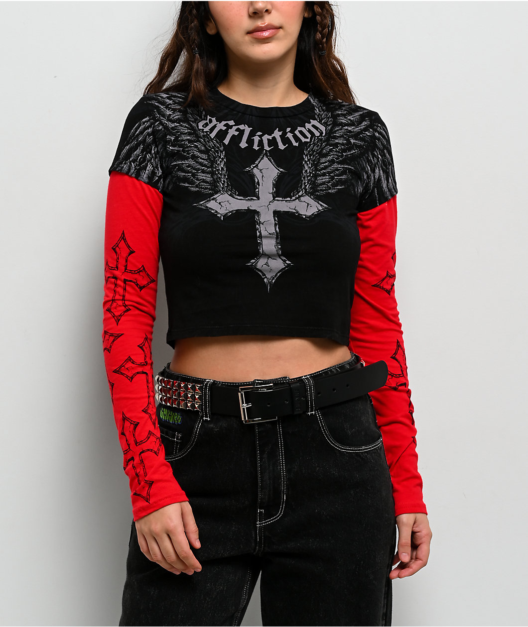 Affliction Criss Cross Black & Red 2fer Long Sleeve Crop T-Shirt