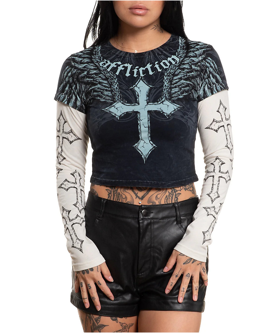 Affliction Criss Cross Black Wash & White 2fer Long Sleeve Crop T-Shirt