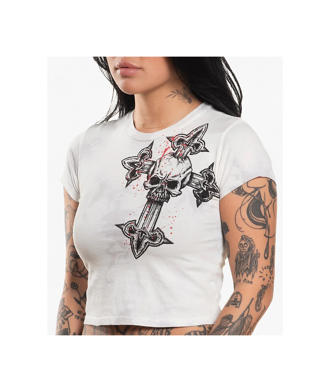 Affliction Cross White Tea Stain Wash Crop T-Shirt