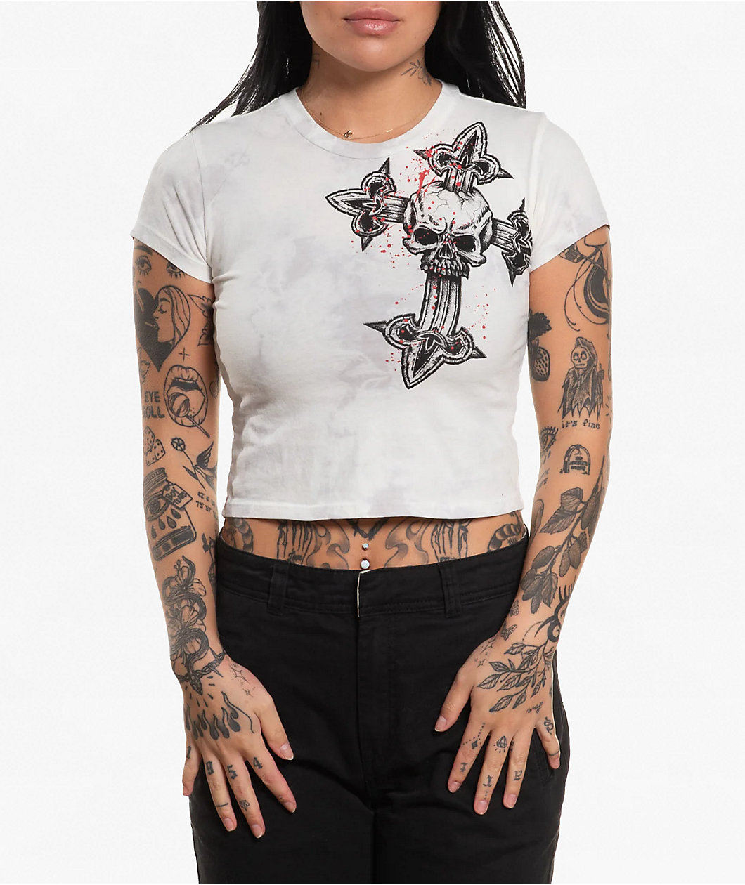 Affliction Cross White Tea Stain Wash Crop T-Shirt