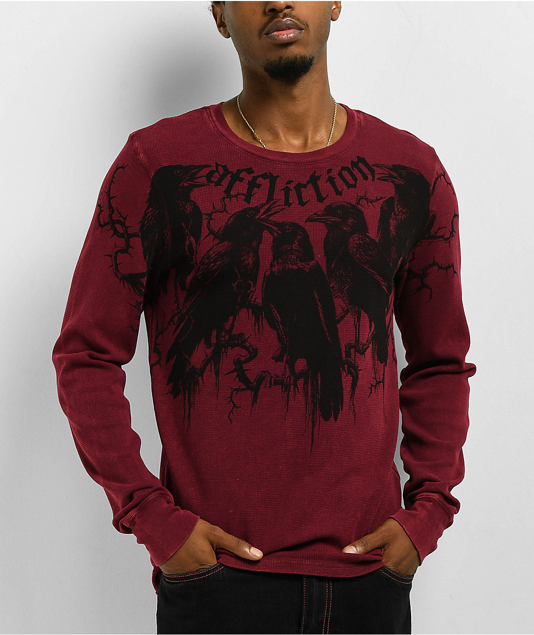 Affliction Crows Burgundy Thermal Long Sleeve T-Shirt