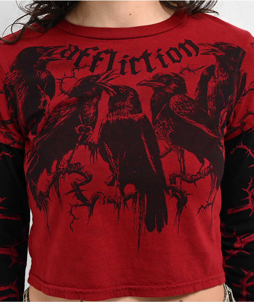 Affliction Crows Red 2fer Crop T-Shirt