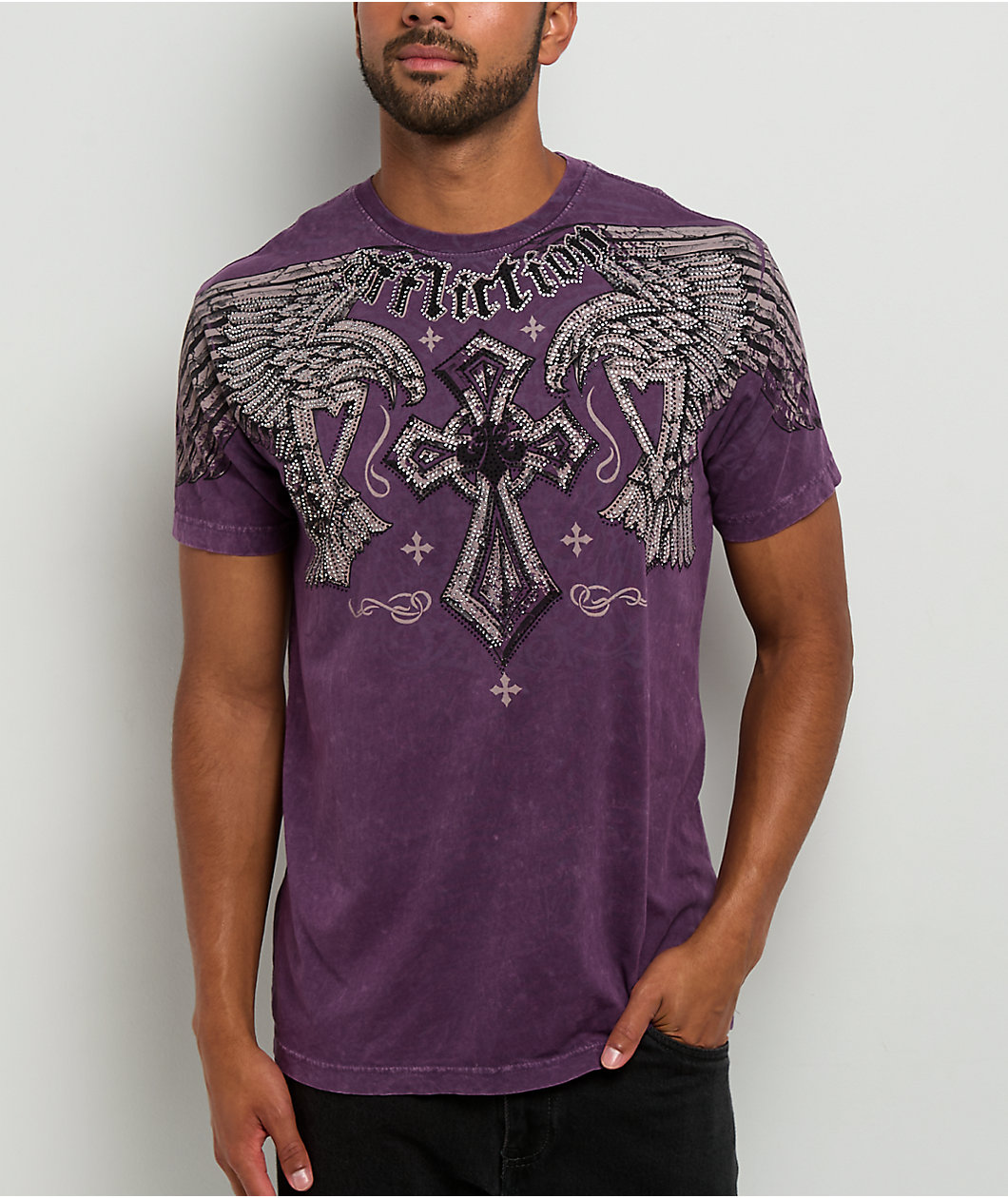 Affliction Dark Attack Purple Rhinestone T-Shirt