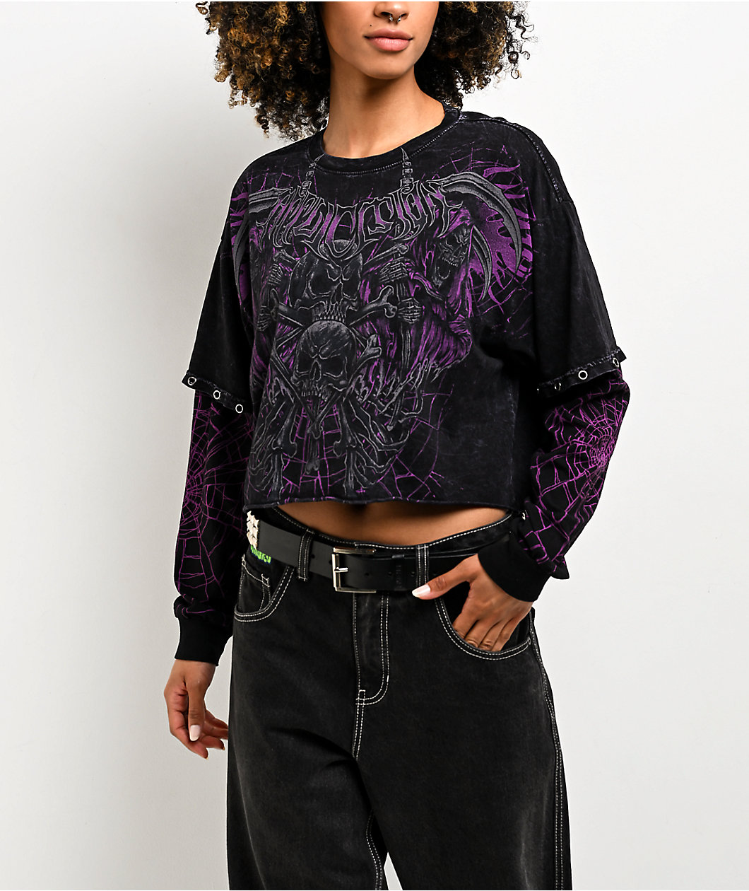 Affliction Darkness Falls Black Wash 2Fer Long Sleeve Crop T-Shirt