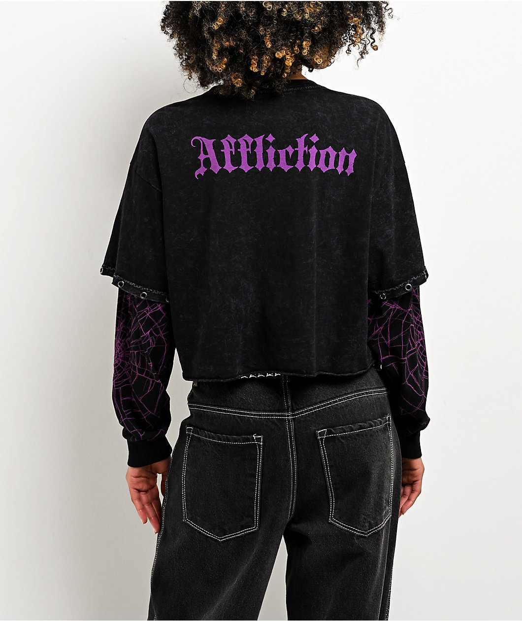 Affliction Darkness Falls Black Wash 2Fer Long Sleeve Crop T-Shirt