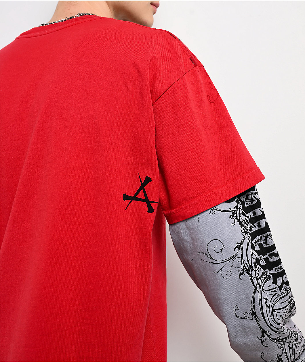 Affliction Death Eyes Red & Grey 2fer Long Sleeve T-Shirt