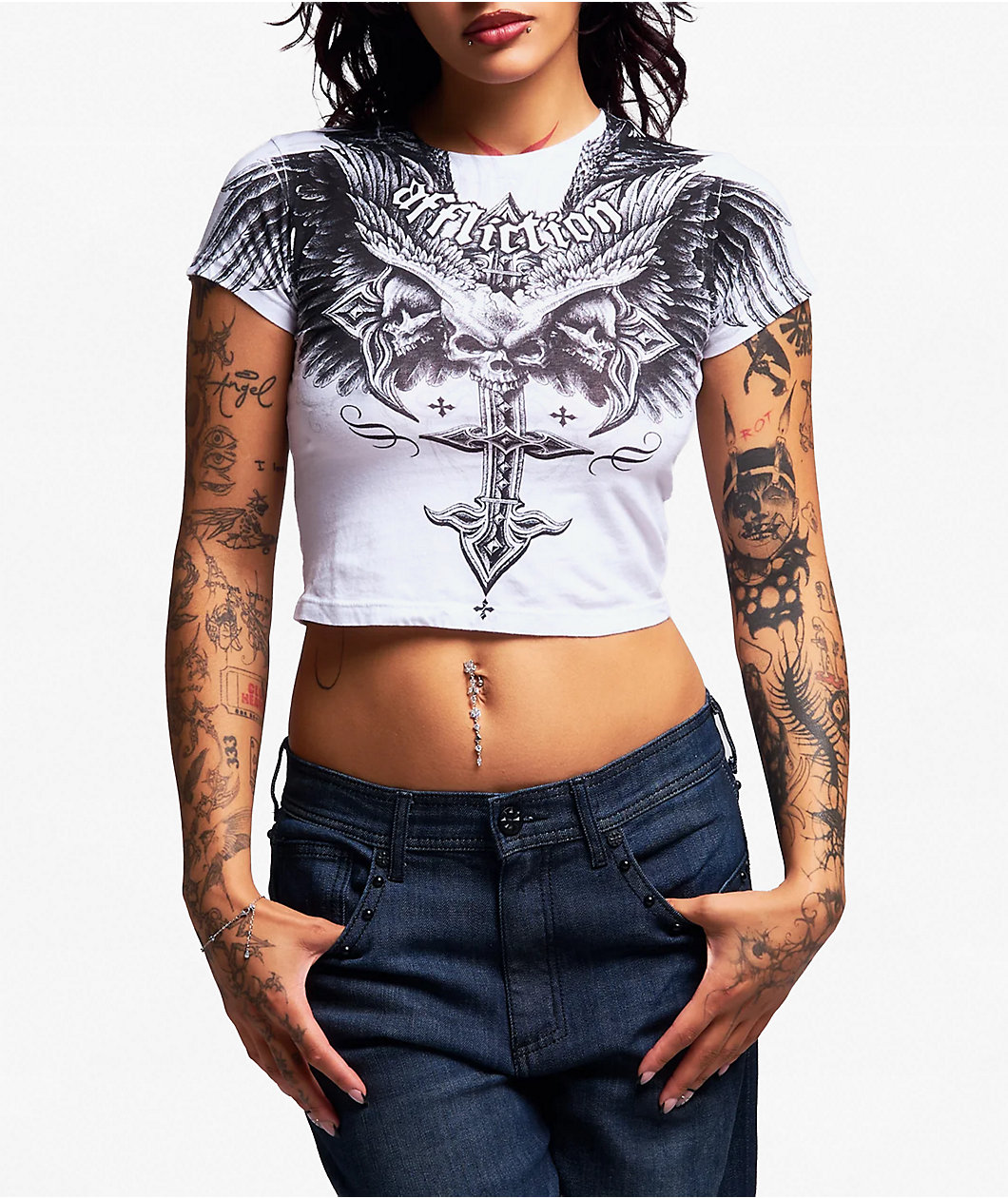 Affliction Death Eyes White Crop T-Shirt