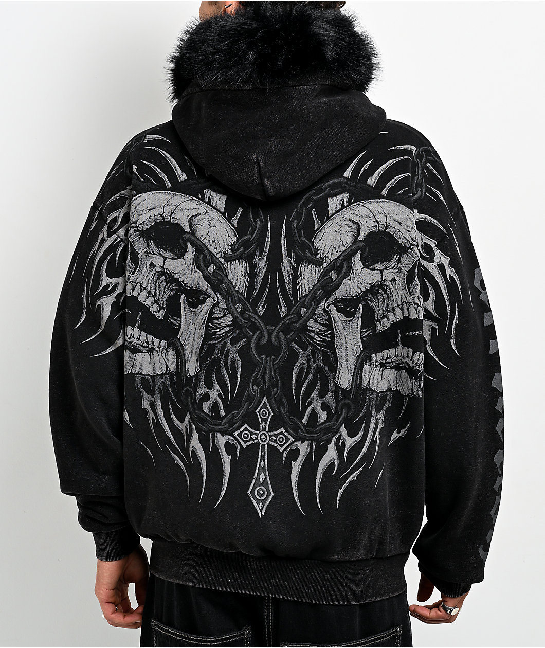 Affliction Decimation Faux Fur Black Zip Hoodie
