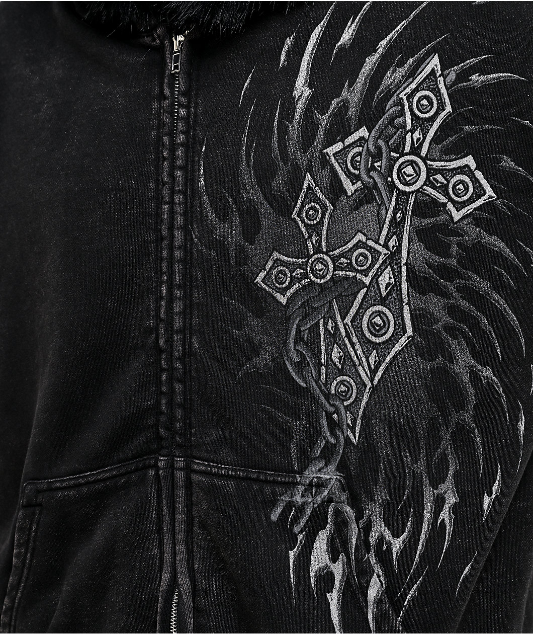 Affliction Decimation Faux Fur Black Zip Hoodie