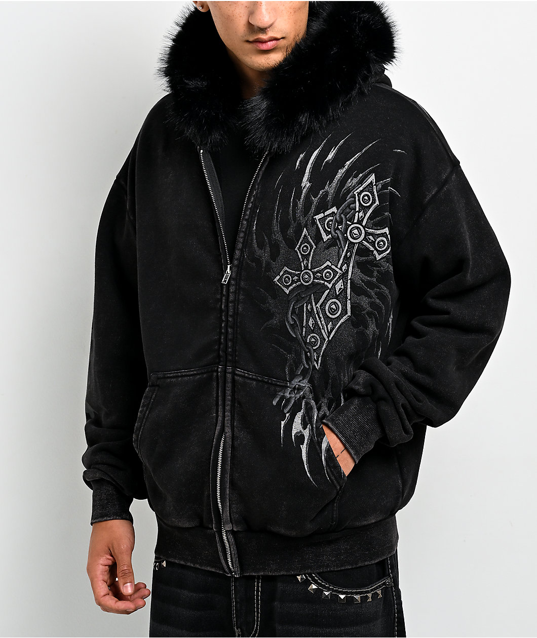 Affliction Decimation Faux Fur Black Zip Hoodie