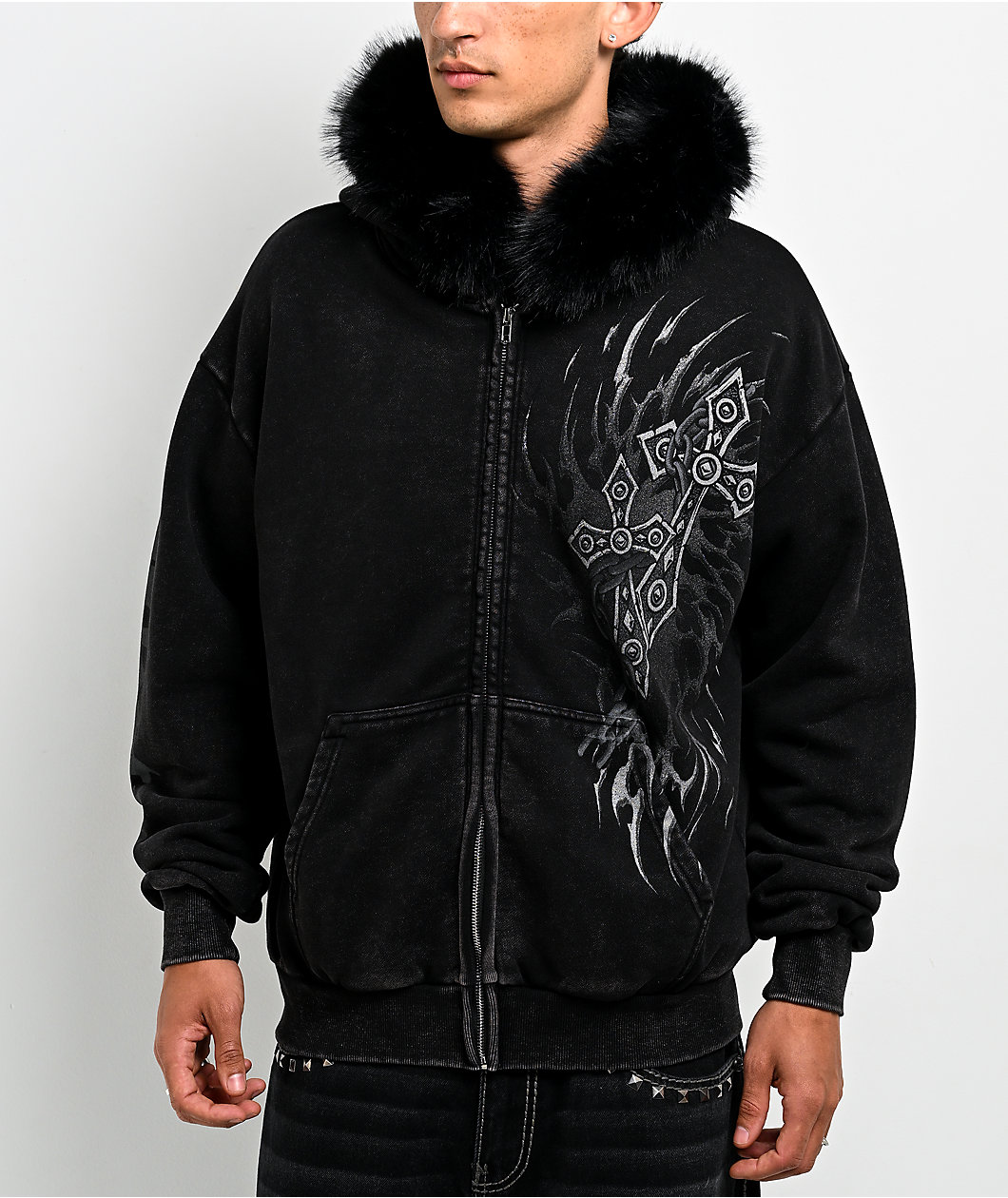 Affliction Decimation Faux Fur Black Zip Hoodie