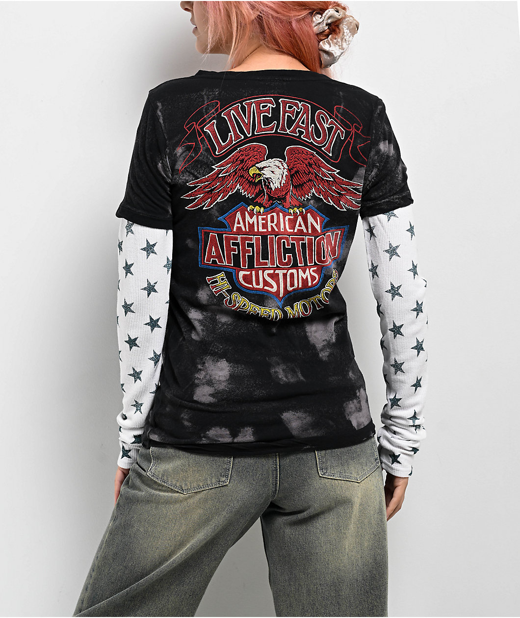 Affliction Eagle Clutch Black & White 2fer Thermal Long Sleeve T-Shirt