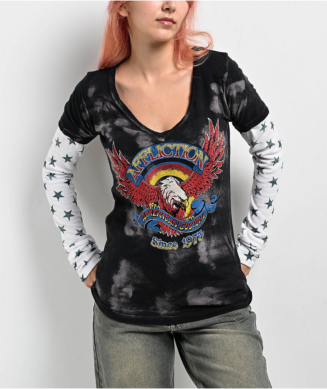 Affliction Eagle Clutch Black & White 2fer Thermal Long Sleeve T-Shirt