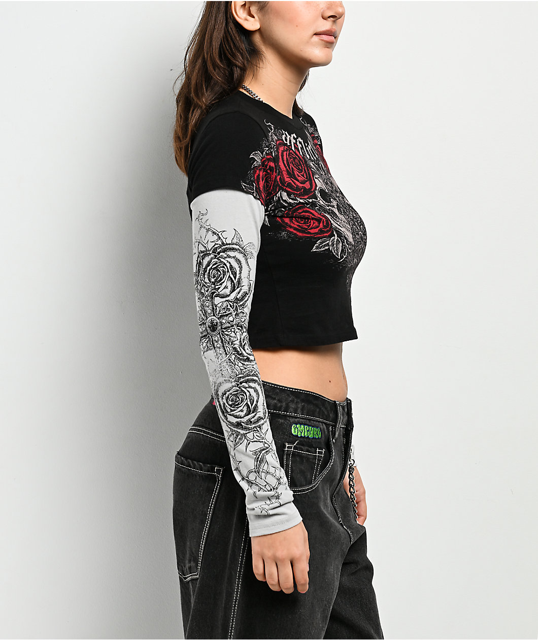 Affliction Forgotten Black & Grey 2fer Long Sleeve Crop T-Shirt