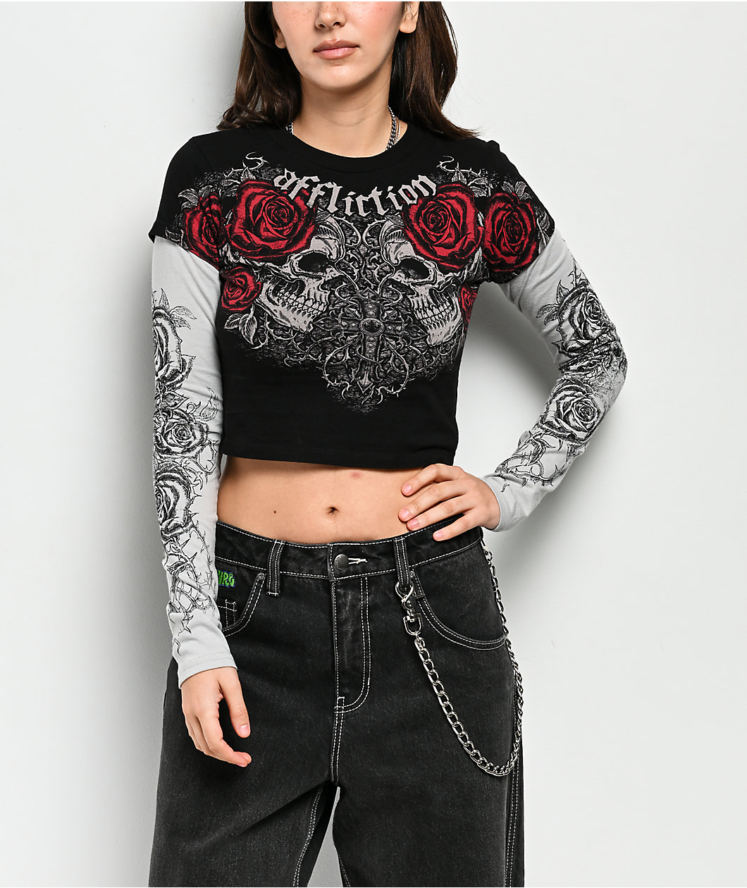 Affliction Forgotten Black & Grey 2fer Long Sleeve Crop T-Shirt