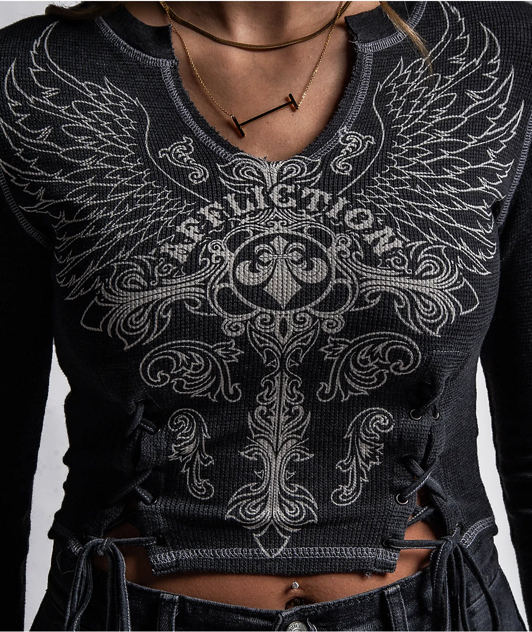 Affliction Iron Soul Notch Black Wash Thermal Long Sleeve Crop T-Shirt