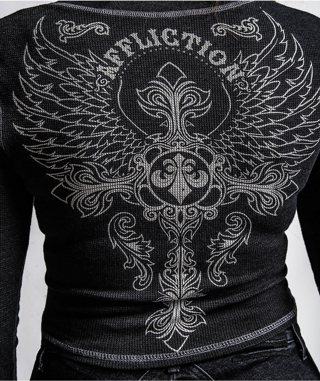 Affliction Iron Soul Notch Black Wash Thermal Long Sleeve Crop T-Shirt