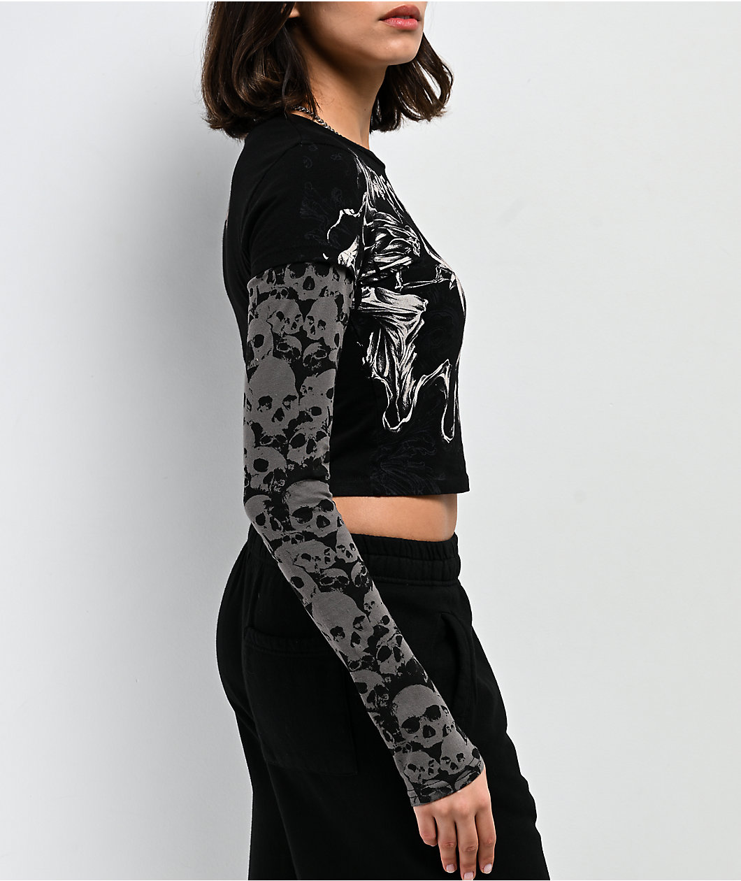 Affliction Jump Black 2Fer Long Sleeve Crop T-Shirt