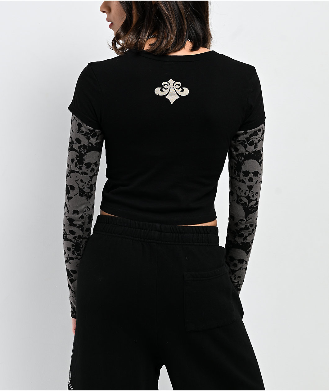 Affliction Jump Black 2Fer Long Sleeve Crop T-Shirt