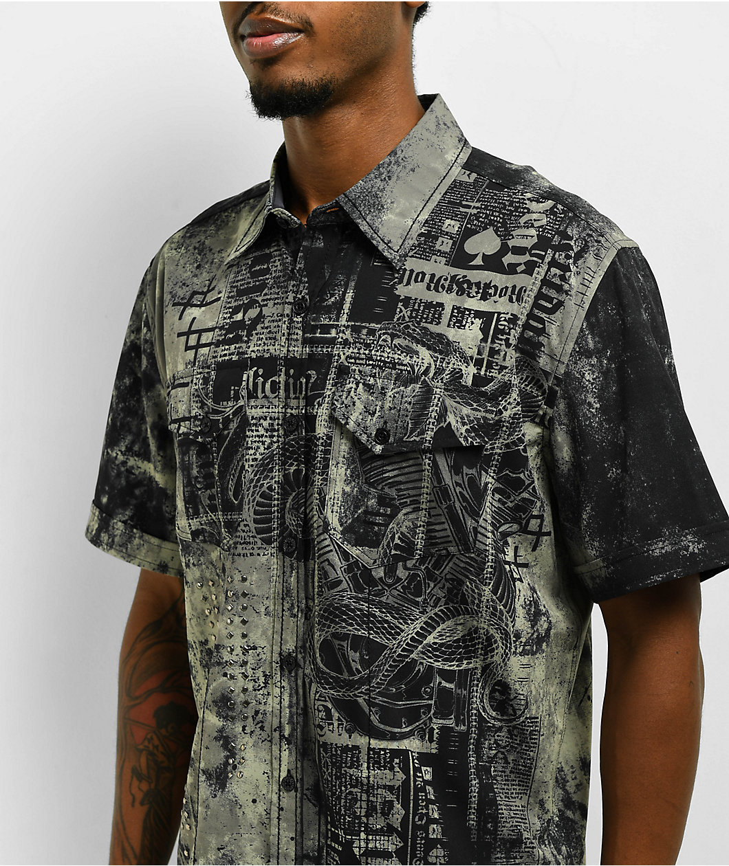 Affliction Motorway Chaos Charcoal Wash Short Sleeve Button Up Shirt