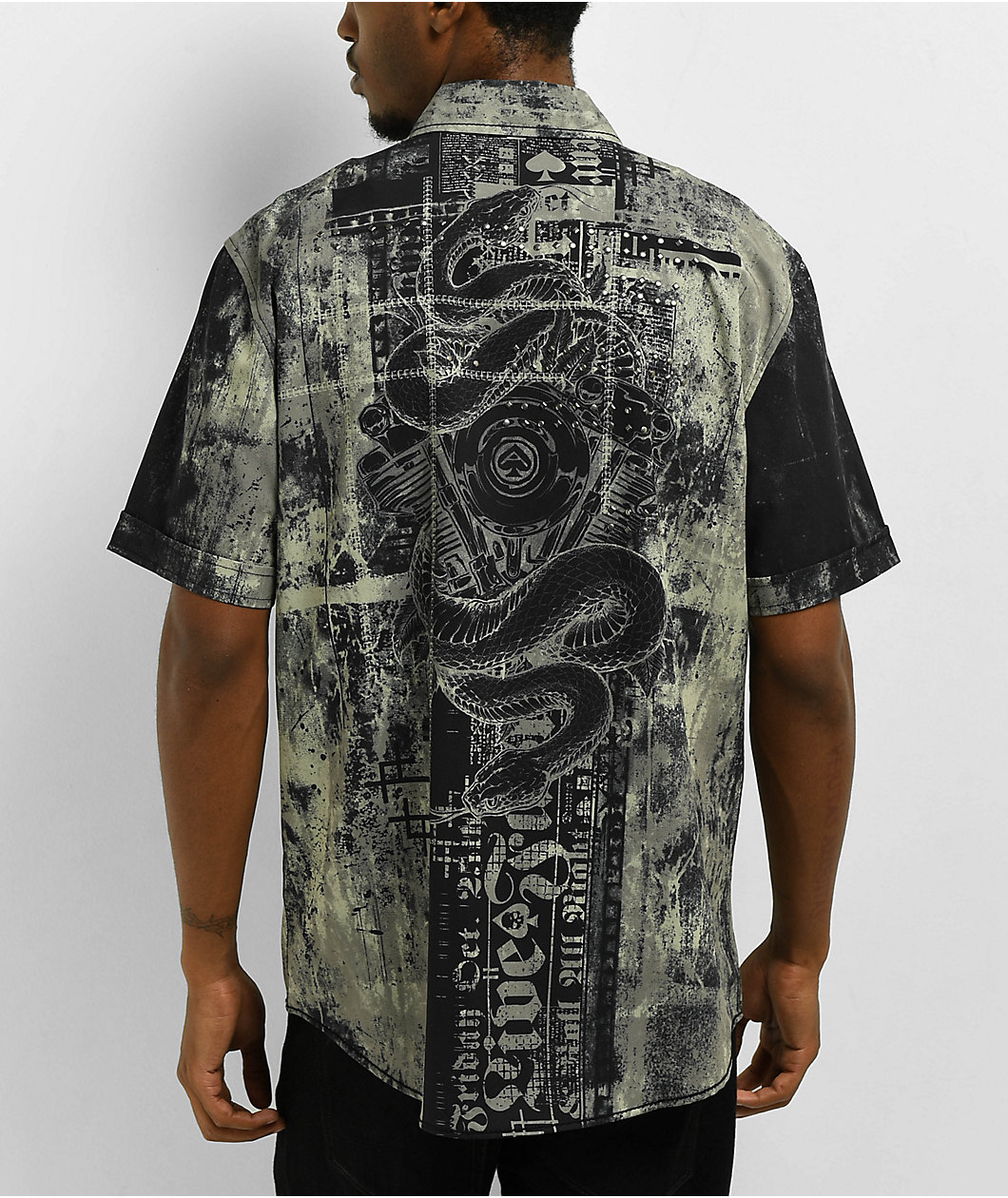 Affliction Motorway Chaos Charcoal Wash Short Sleeve Button Up Shirt