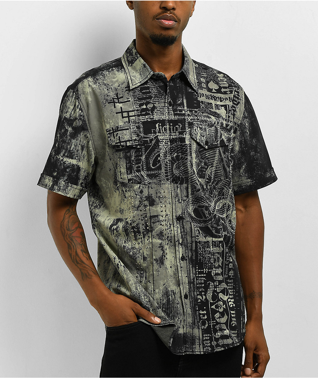 Affliction Motorway Chaos Charcoal Wash Short Sleeve Button Up Shirt