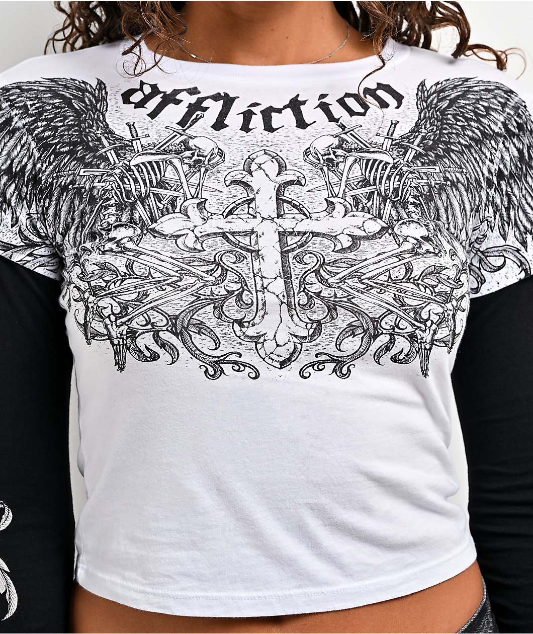 Affliction Ominous Shadow Black & White 2fer Long Sleeve Crop T-Shirt