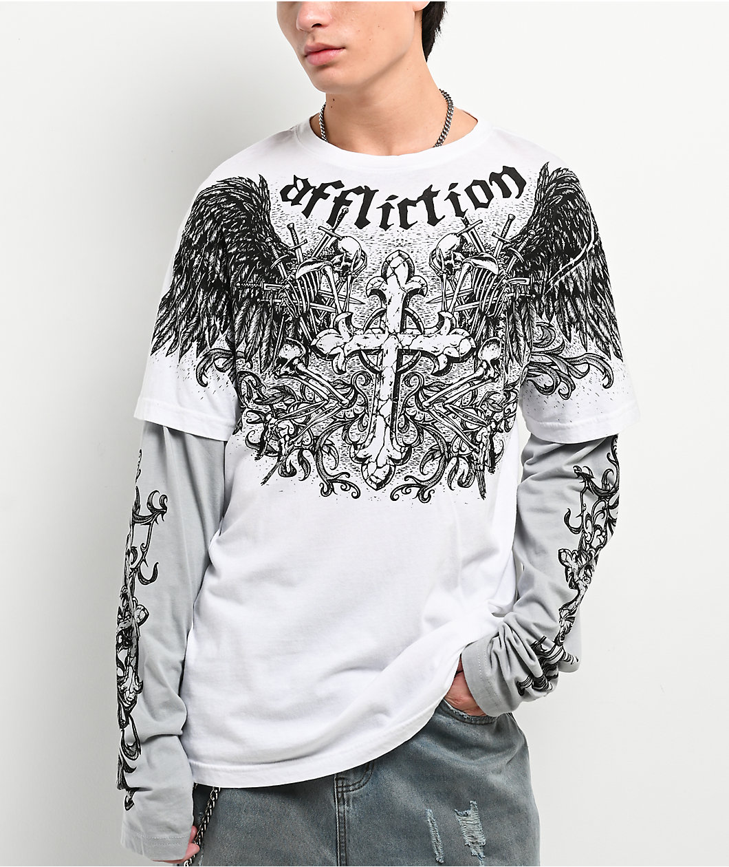 Affliction Ominous Shadow White & Grey 2fer Long Sleeve T-Shirt
