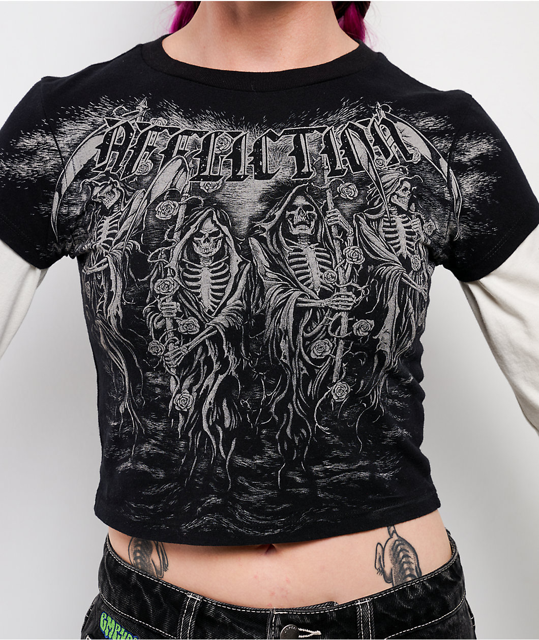 Affliction Requiem Frost Black & White 2fer Long Sleeve Crop T-Shirt