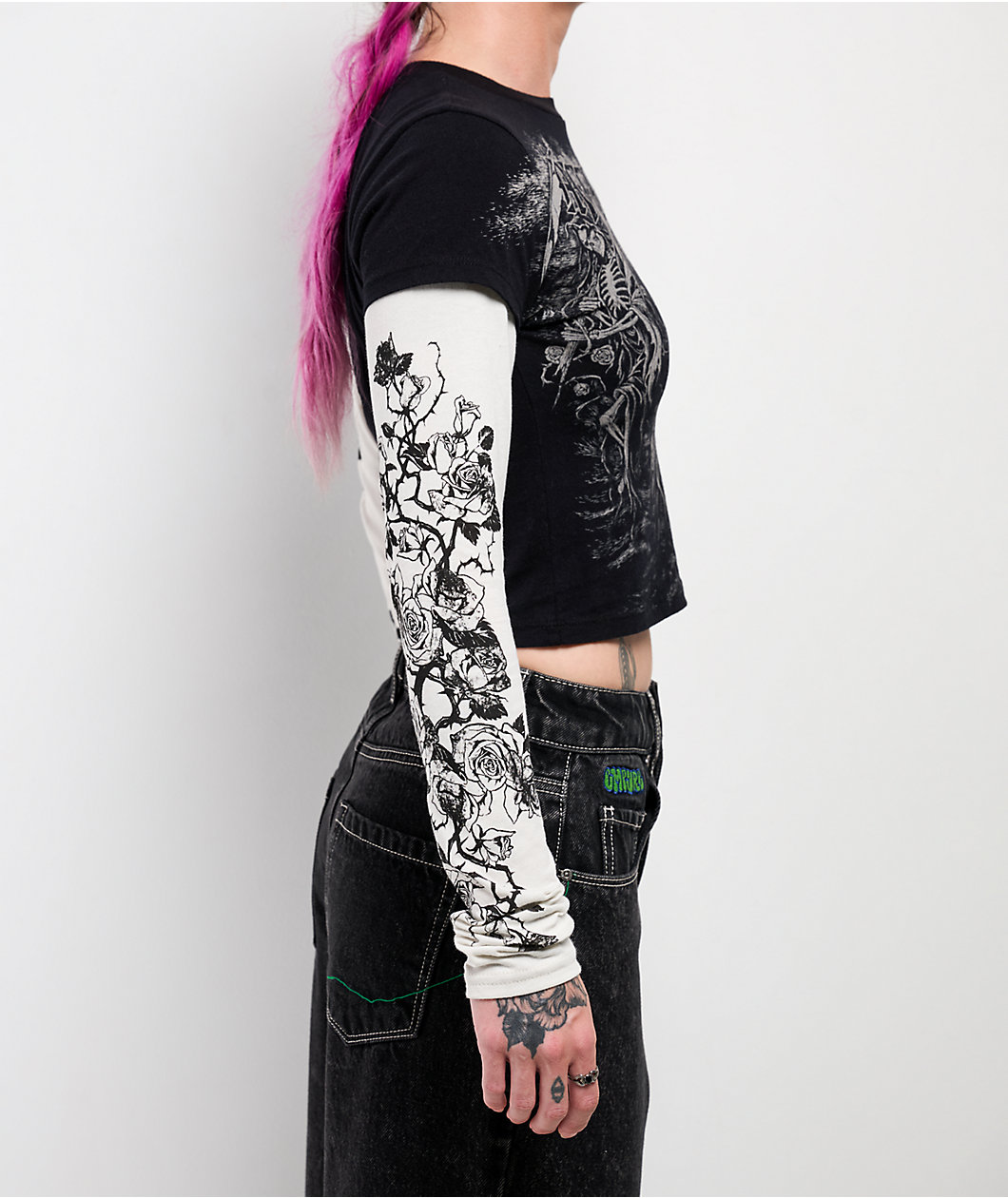 Affliction Requiem Frost Black & White 2fer Long Sleeve Crop T-Shirt