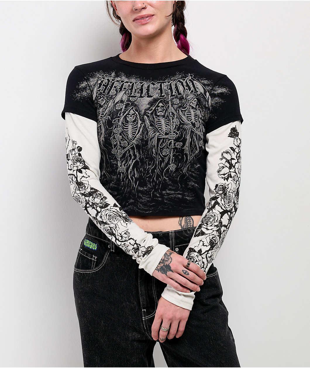 Affliction Requiem Frost Black & White 2fer Long Sleeve Crop T-Shirt