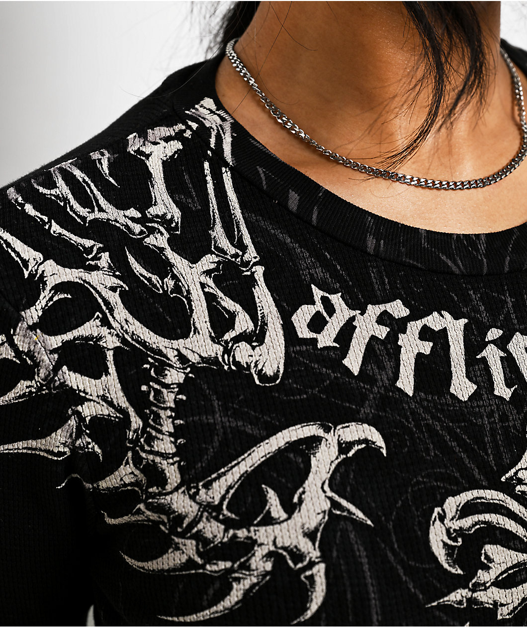 Affliction Skeleton Black Long Sleeve Thermal Crop T-Shirt