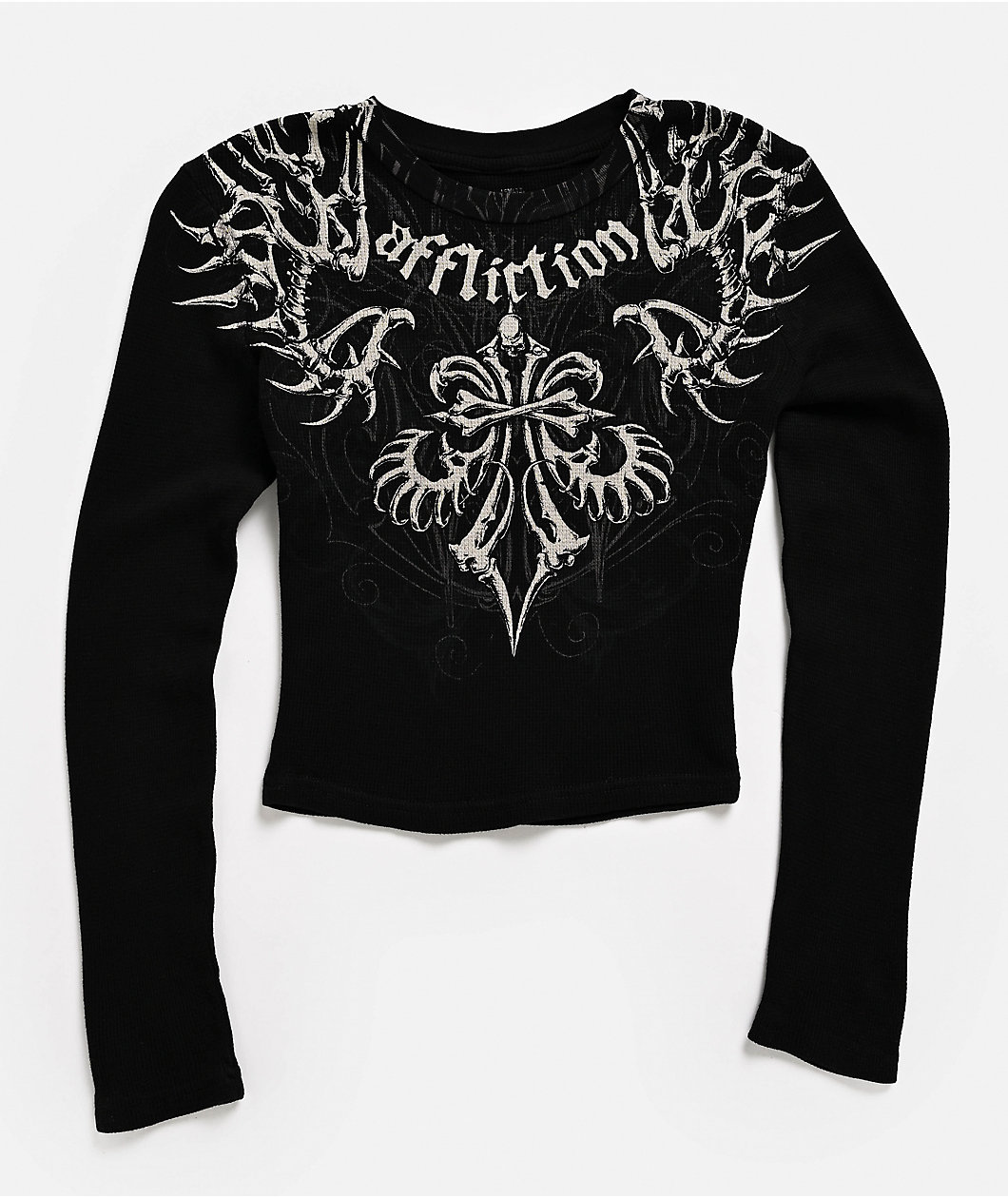 Affliction Skeleton Black Long Sleeve Thermal Crop T-Shirt